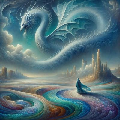 The primary subject of the image is a dragon, which is a large, colorful, and intricately designed creature. The dragon is surrounded by a vibrant and lively environment, with a blue and purple sky in the background. The setting includes a castle, adding to the overall atmosphere of the scene. The visual style of the image is a combination of digital art and illustration, creating a captivating and imaginative scene. The colors and mood of the image are predominantly blue and purple